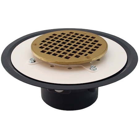 Jones Stephens 4in. Heavy Duty PVC Drain Base with 3-1/2in. Metal Spud and 6in. Polished Brass Strainer D50016